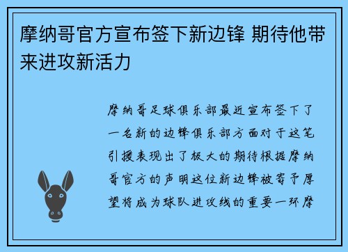 摩纳哥官方宣布签下新边锋 期待他带来进攻新活力