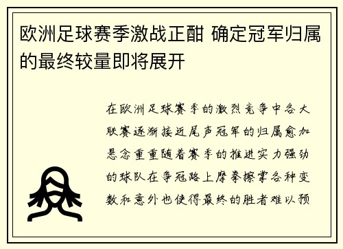 欧洲足球赛季激战正酣 确定冠军归属的最终较量即将展开